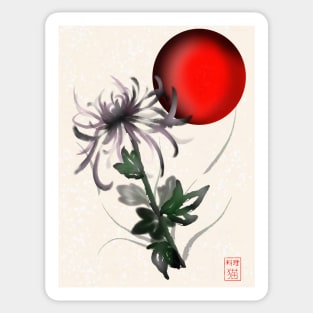 Sumi-e chrysanthemum with a red rising sun Sticker